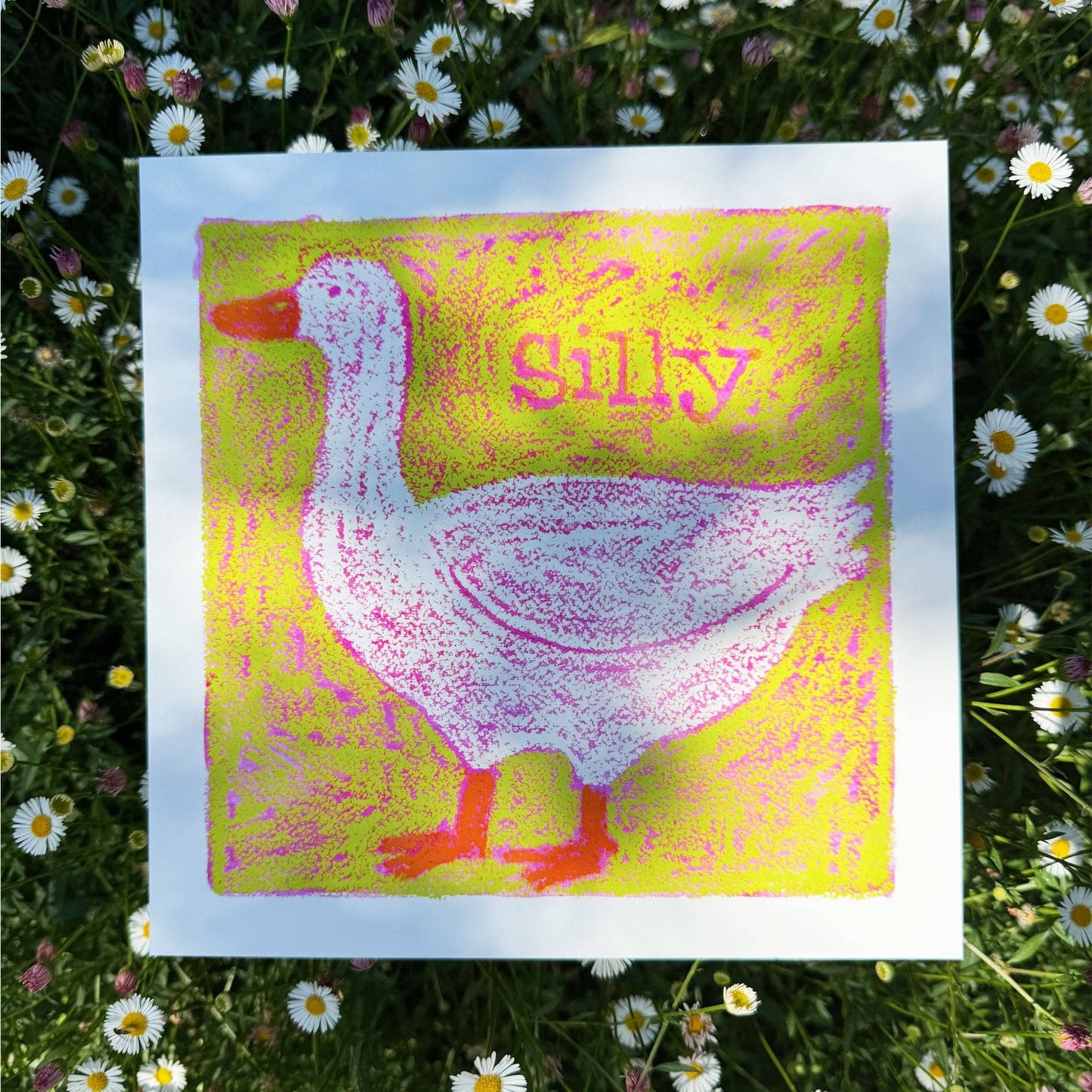 Silly Goose in Oil Pastel (Green) Art Print: 8x8" Square
