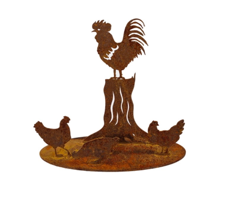 Overwrought small rooster and three chooks stand