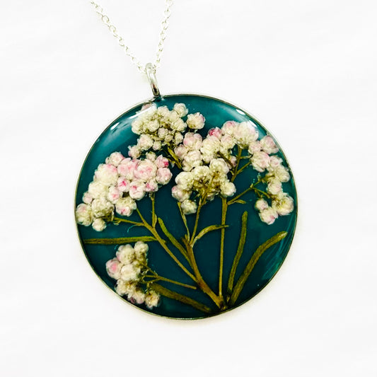 Flowers In Your Hair - Large Pendant Necklace, Dark Green Wildflowers