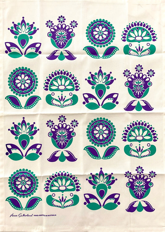 Anna Sutherland Cotton Tea Towel Green and Purple