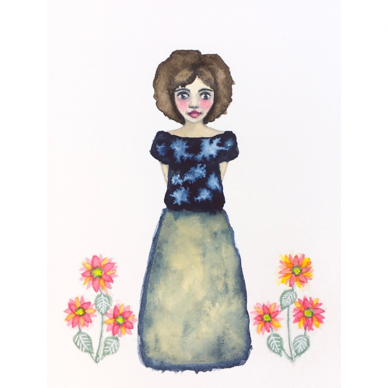 Michelle Hosking Original Watercolour Painting Girl With Dahlias