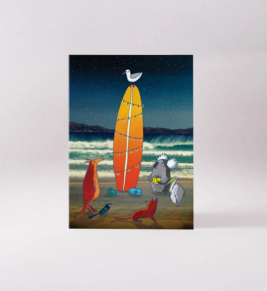 Surfing Sloth Christmas Card Beach