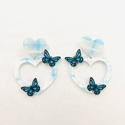 Haus of Dizzy Butterfly Plaid Heart Earrings - Blue and Cyan