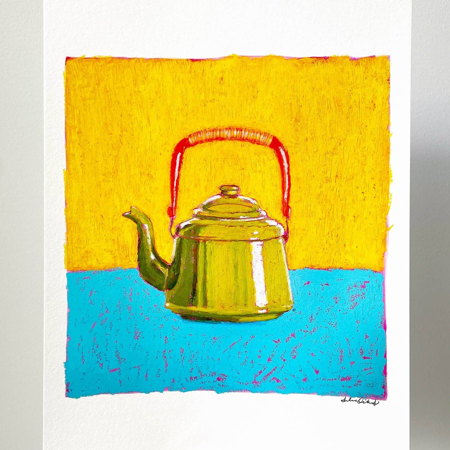 Little Oil Pastel Green Teapot Art Print: A5