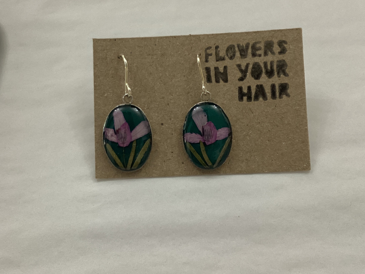 Flowers In Your Hair Oval Small Drop Earrings - Green and Purple Gardens