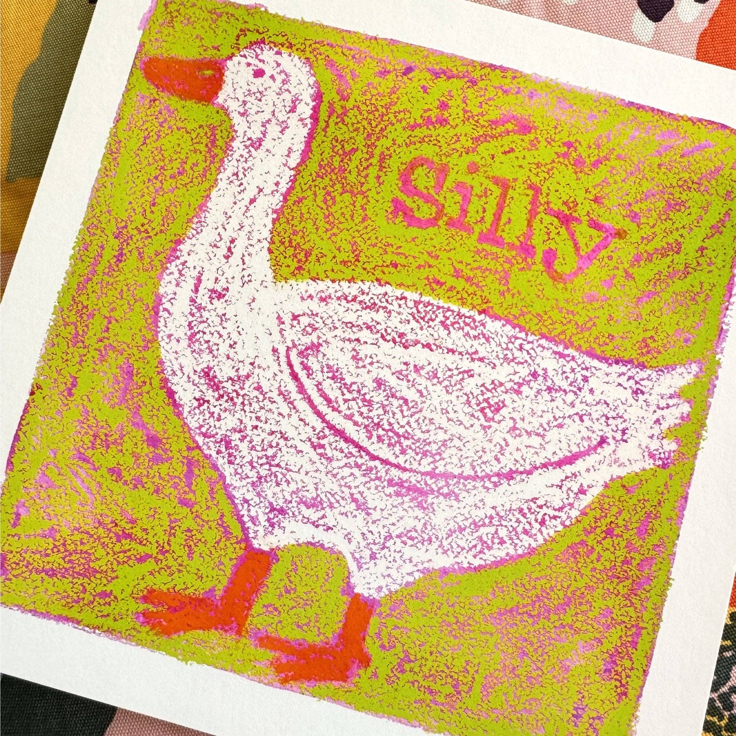 Silly Goose in Oil Pastel (Green) Art Print: 8x8" Square