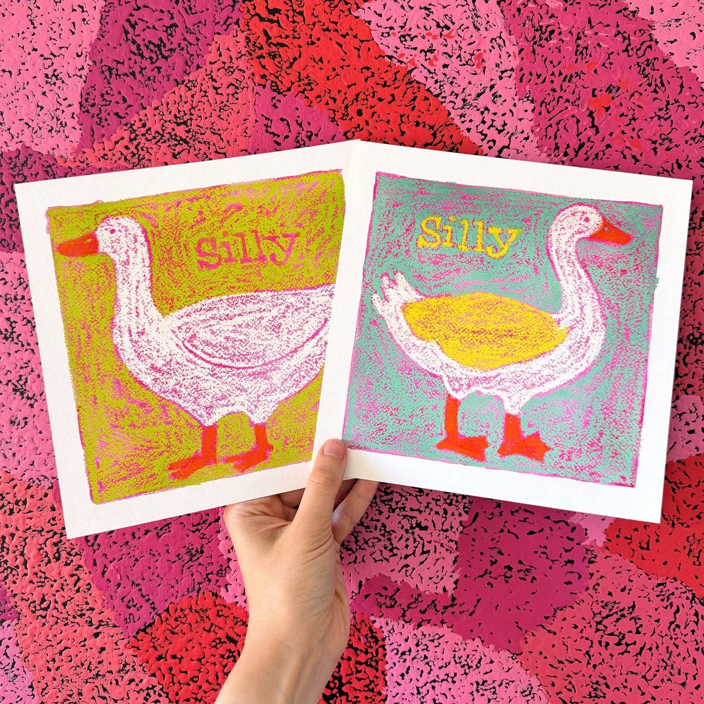 Silly Goose in Oil Pastel (Green) Art Print: 8x8" Square