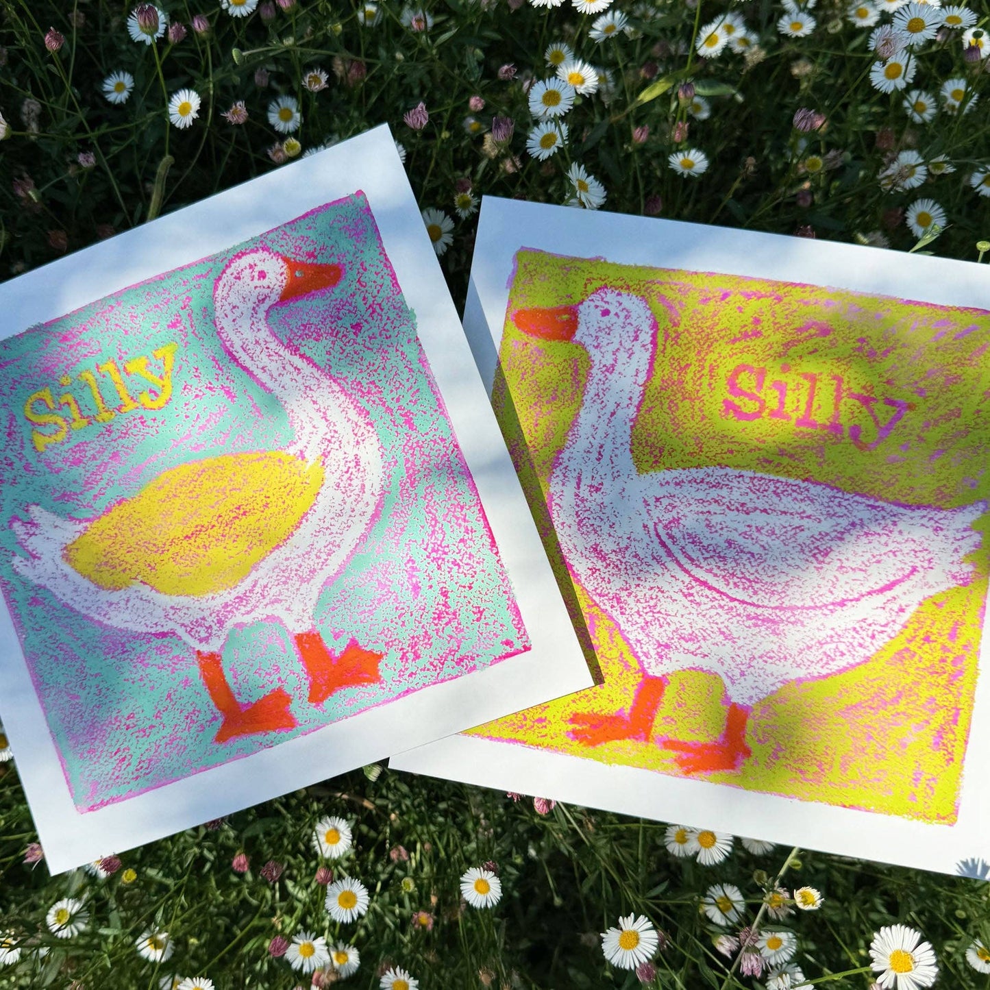 Silly Goose in Oil Pastel (Green) Art Print: 8x8" Square