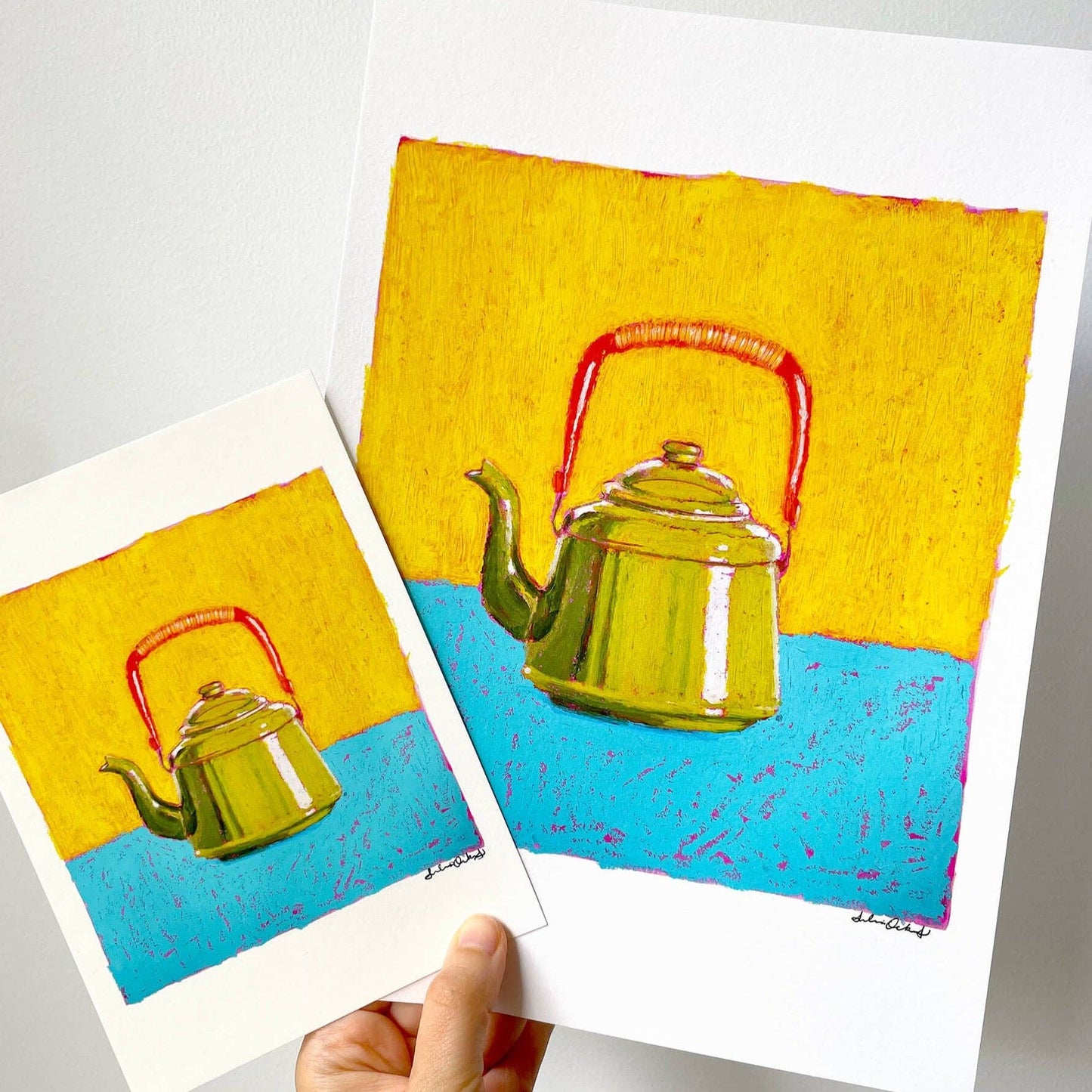 Little Oil Pastel Green Teapot Art Print: A5