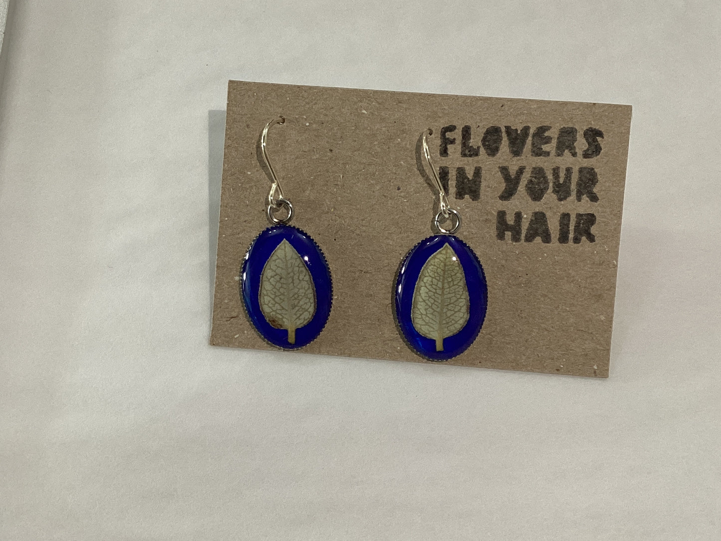 Flowers In Your Hair Oval Small Drop Earrings - Blue Leaf