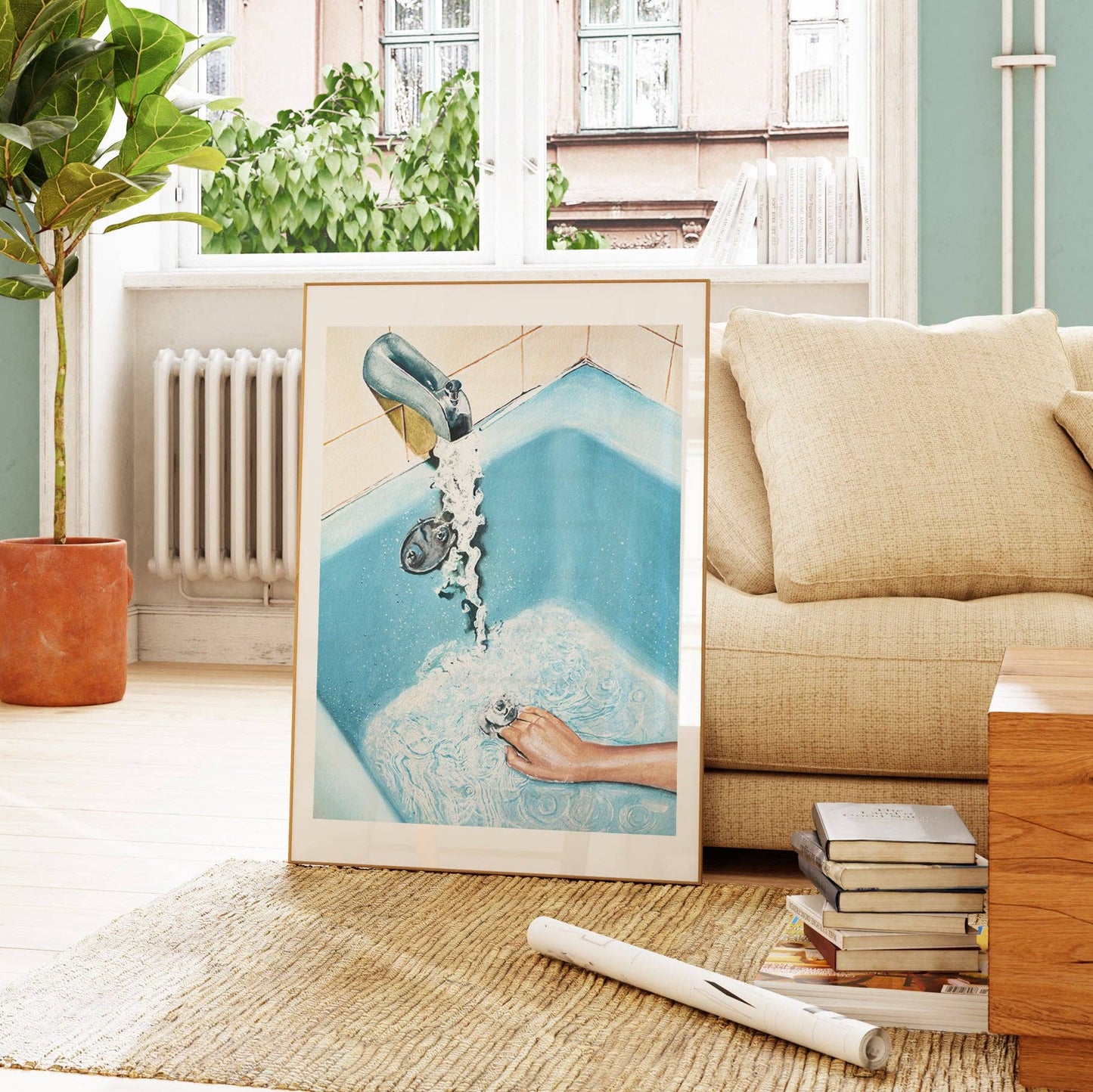 Retro Blue Bath Art Print: A5