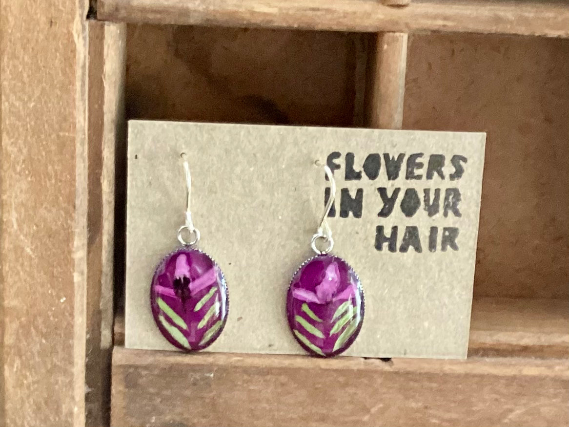 Flowers In Your Hair Oval Small Drop Earrings - Purple Horizon