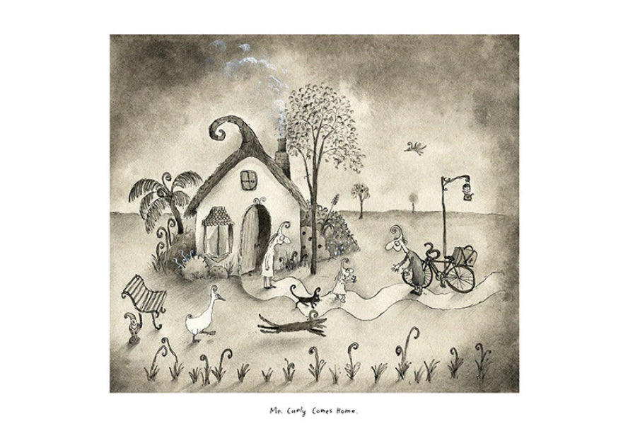 Michael Leunig Print - Mr Curly Comes Home