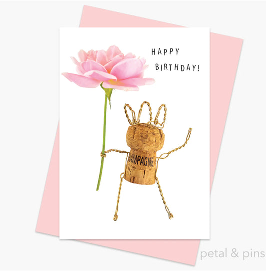 Petal & Pins Card - Champagne Girl, Happy Birthday