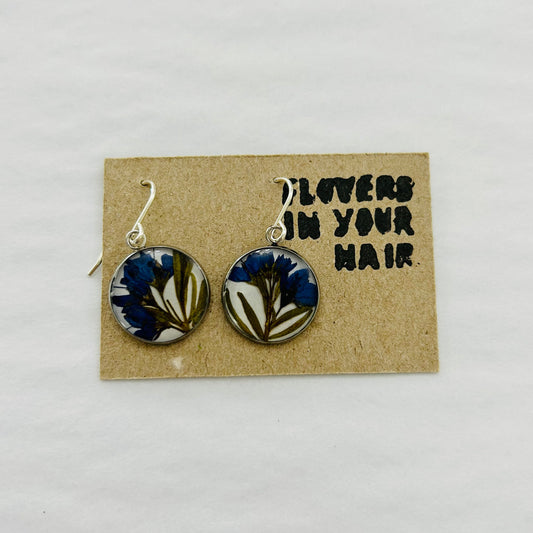 Flowers In Your Hair Drop Earrings - Medium Round, Blue and White Australian Native