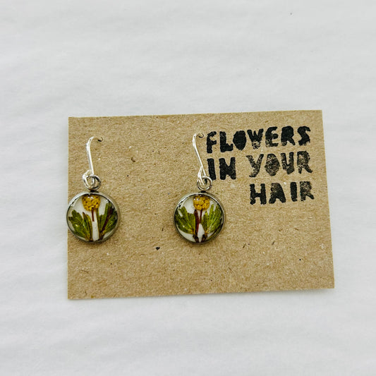 Flowers In Your Hair Drop Earrings - Small Round, White Acacia Wattle