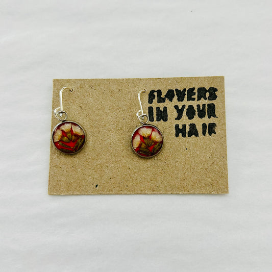 Flowers In Your Hair Drop Earrings - Small Round, White & Red Australian Native