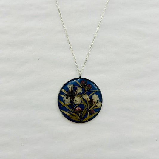 Flowers In Your Hair - Large Pendant Necklace Dark Blue Wildflowers