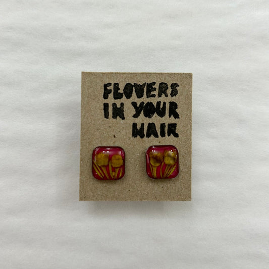 Flowers In Your Hair Stud Earrings Pink Golden Wattle