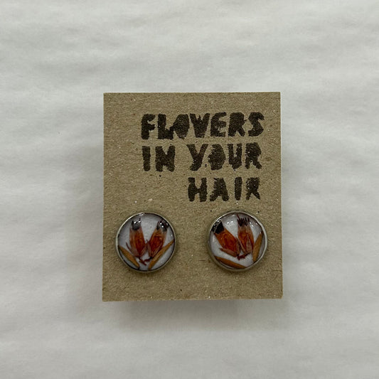 Flowers In Your Hair Stud Earrings White with Orange Wildflowers