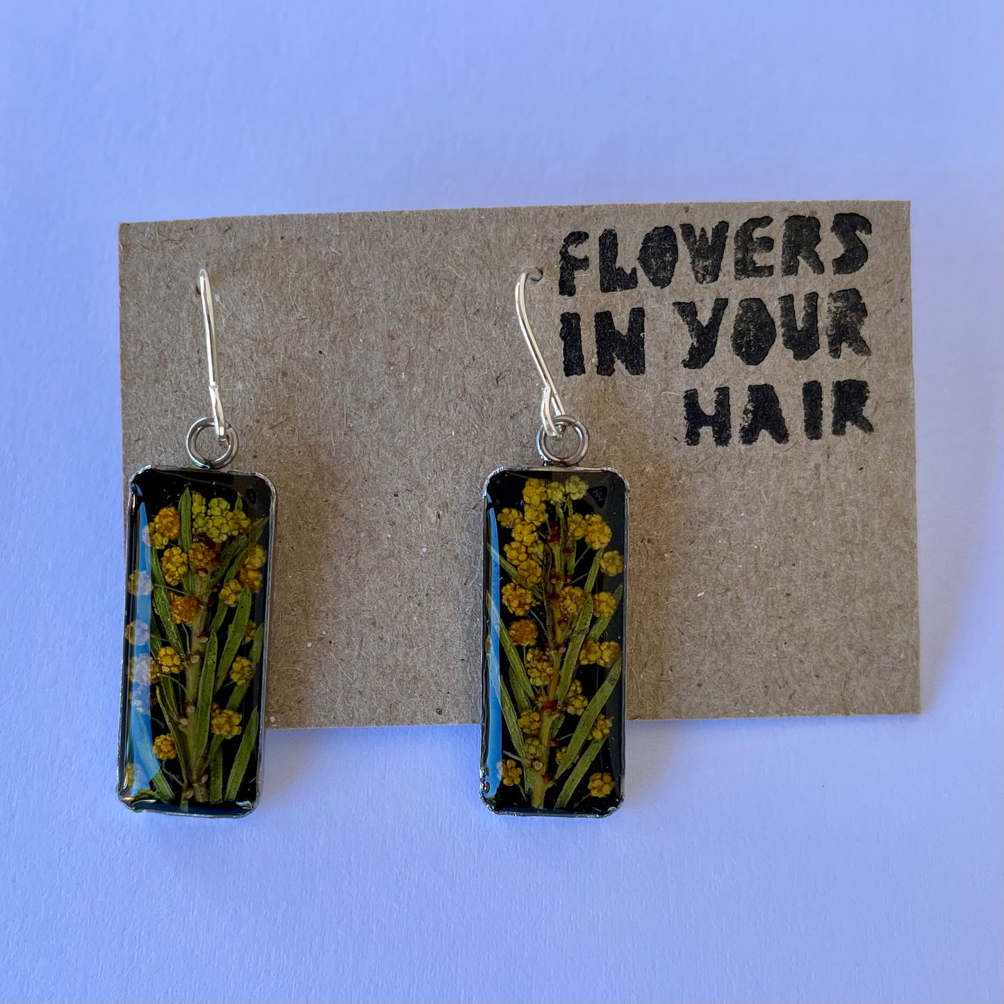 Flowers In Your Hair Drop Earrings - Large, Rectangle Bush Daisies Black