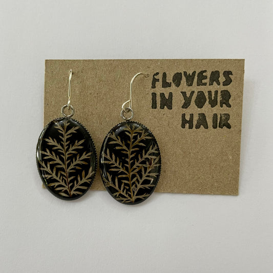 Flowers In Your Hair Large Drop Earrings - Leaf on Black