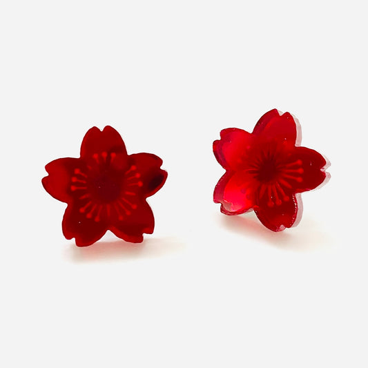 Under The Shade Of A Bonsai Tree Earrings Sakura Stud Red