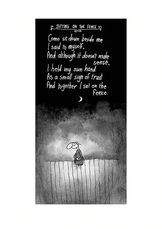 Michael Leunig Print - Sitting on the Fence