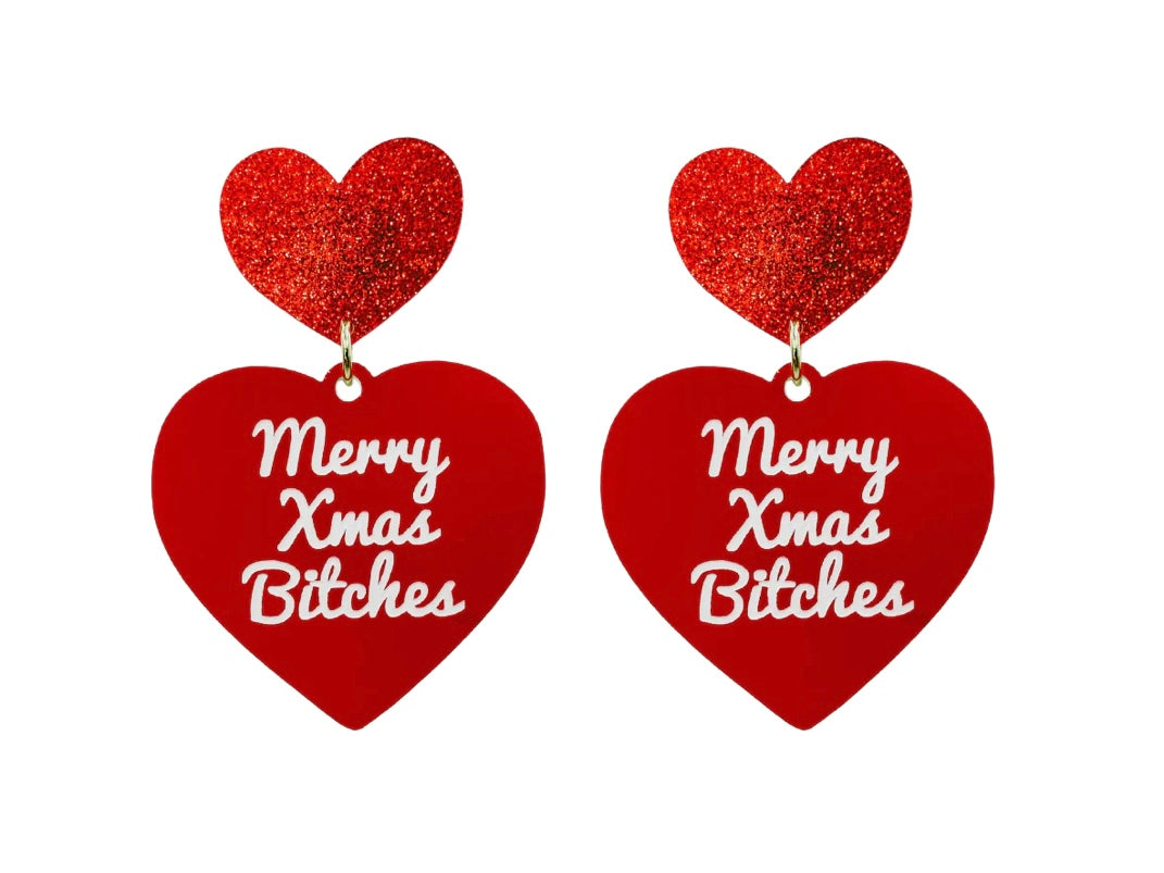 Haus Of Dizzy Merry Xmas Bitches Red Heart Studs