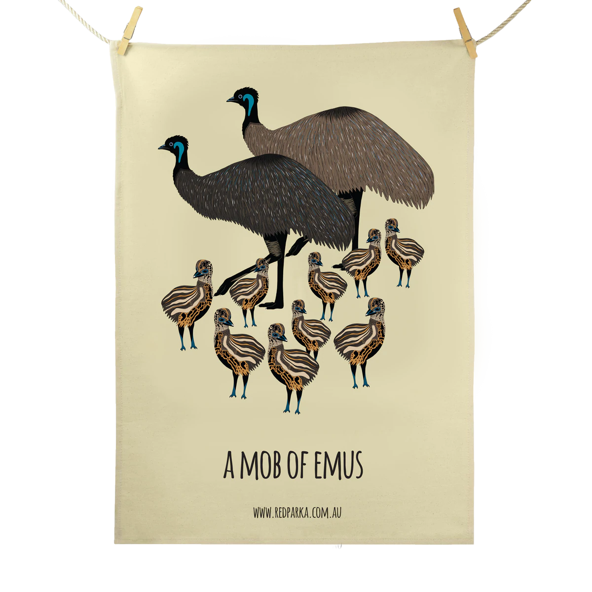 Red Parka Tea Towel Mob of Emus