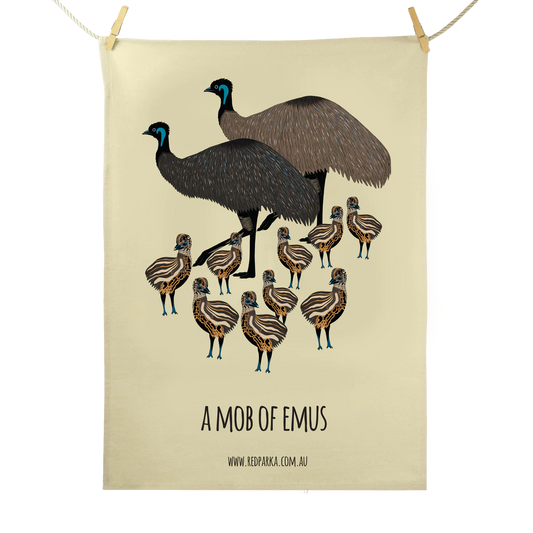 Red Parka Tea Towel Mob of Emus