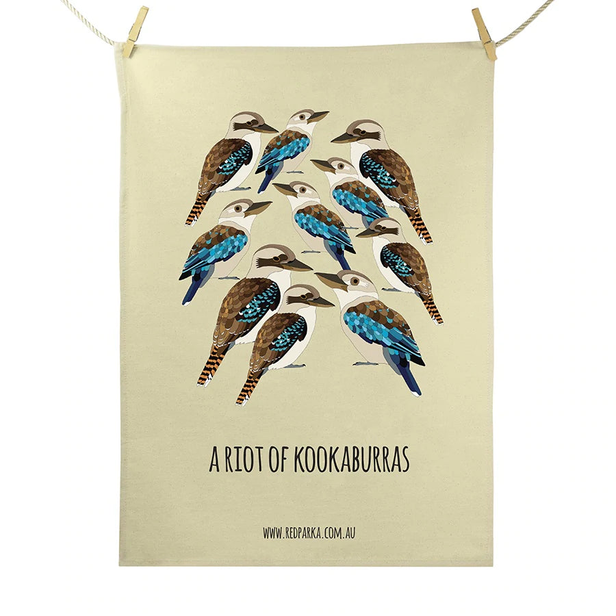 Red Parka Tea Towel Riot of Kookaburras