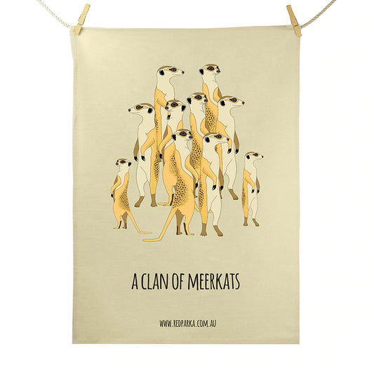 Red Parka Tea Towel Clan of Meerkats