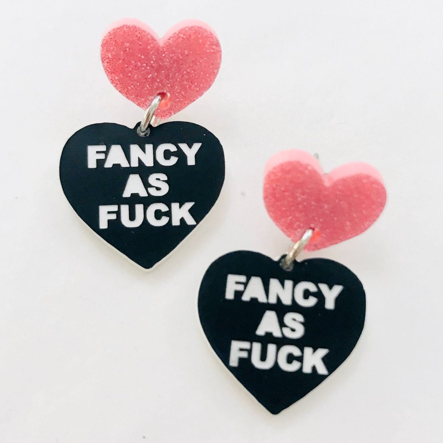 Haus of Dizzy Mini Heart Earrings Fancy as Fuck Studs in Pink Glitter