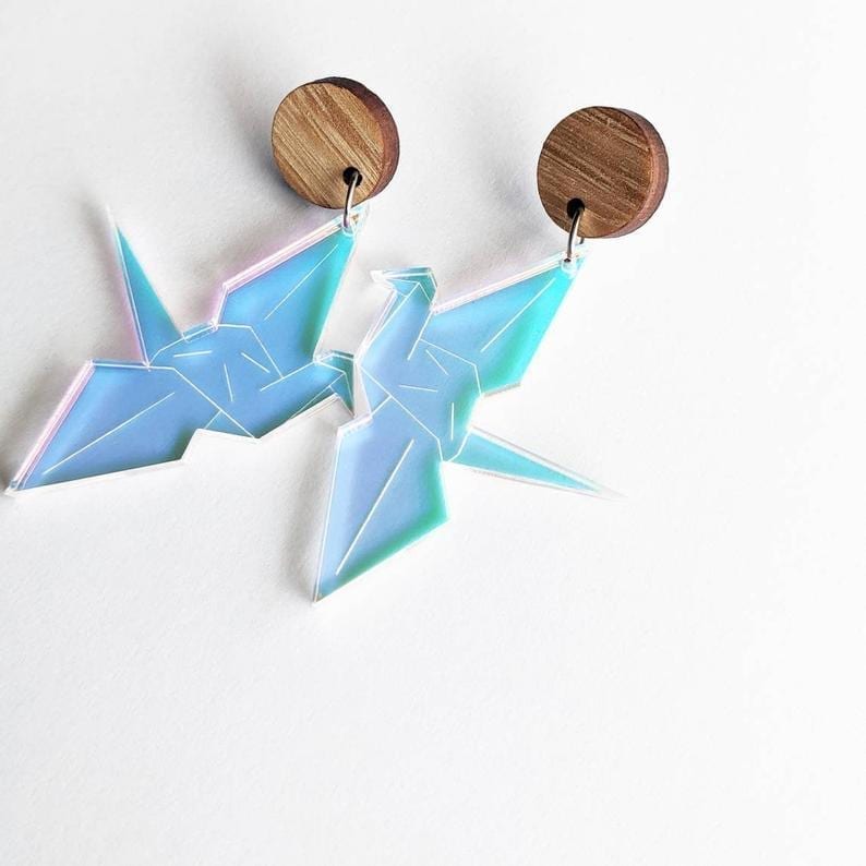 Under The Shade of a Bonsai Tree Earrings Origami Crane Iridescent
