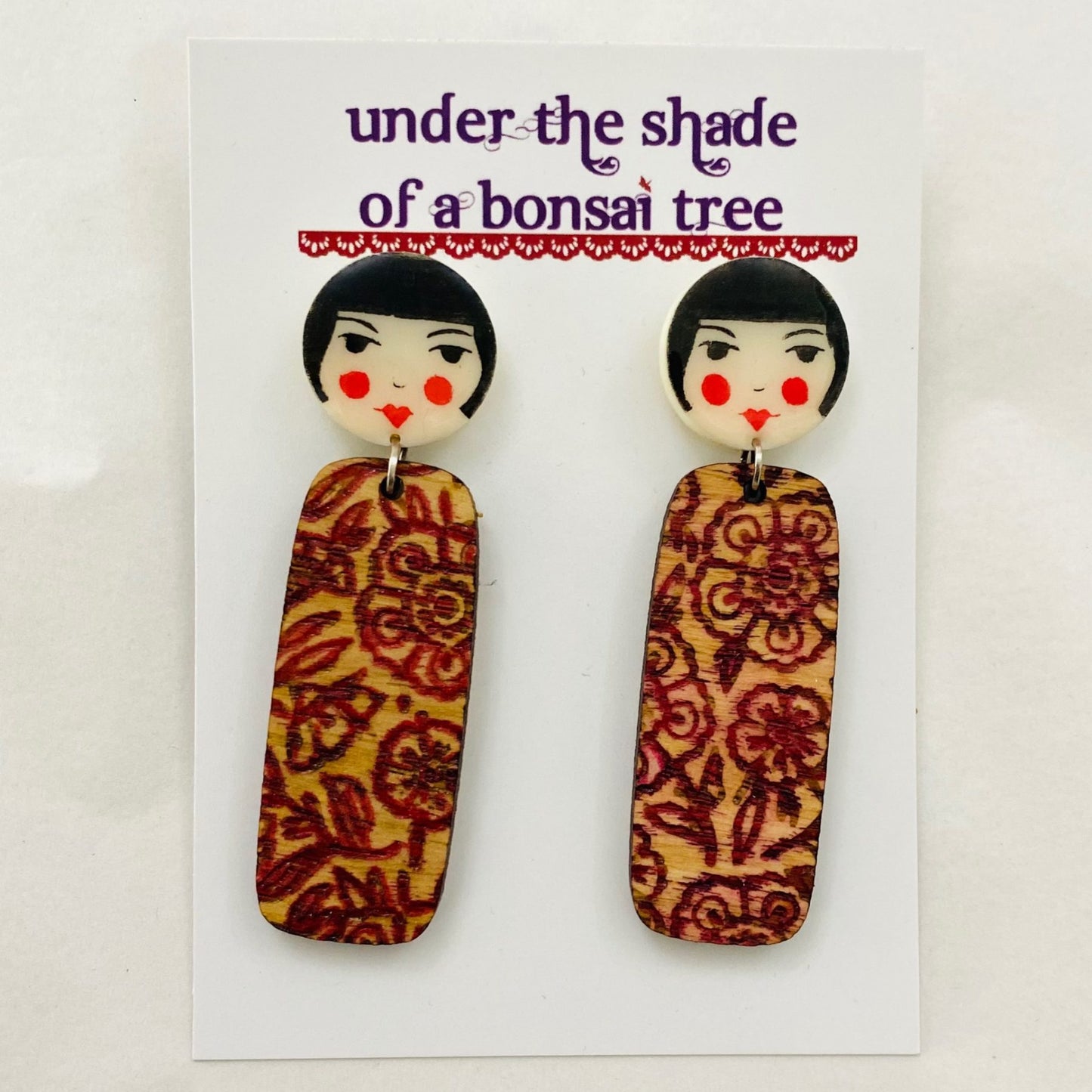 Under The Shade Of a Bonsai Tree Earrings Kokeshi Timber