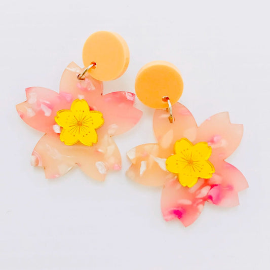 Under The Shade of a Bonsai Tree Earrings Sakura Pop Cherry Blossom Pink and Orange