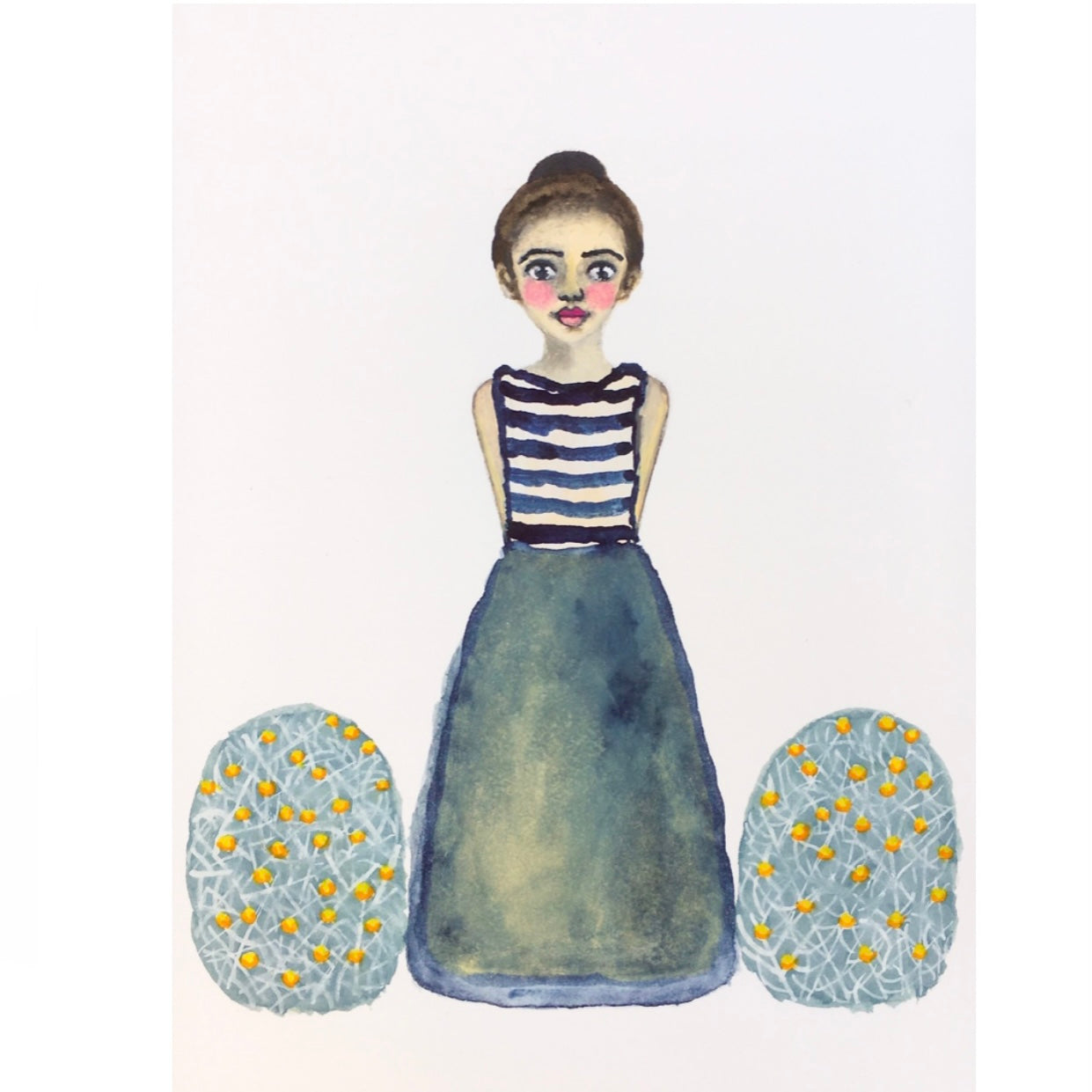 Michelle Hosking Original  Watercolour Painting Girl And Cushion Bush