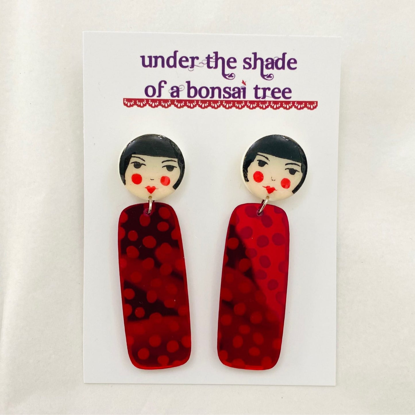 Under The Shade Of a Bonsai Tree Earrings Kokeshi Red Mirror