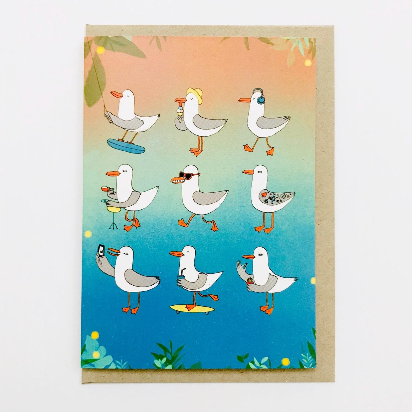 Surfing Sloth Card Seagulls