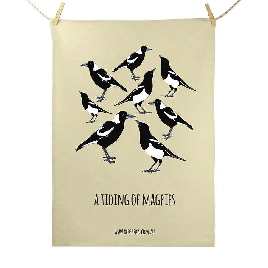 Red Parka Tea Towel Tiding of Magpies