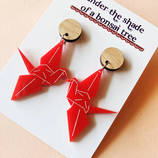 Under The Shade of a Bonsai Tree Earrings Origami Crane Red