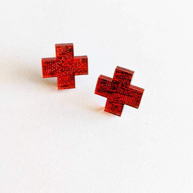 Under The Shade of a Bonsai Tree Earrings Red Fabric Cross Studs
