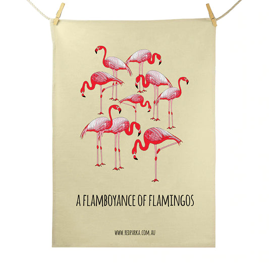 Red Parka Tea Towel Flamboyance of Flamingos