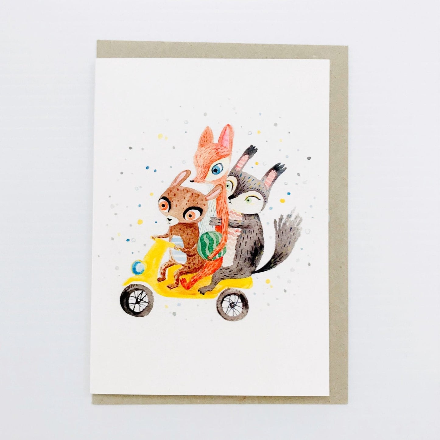 Surfing Sloth Card Yellow Scooter