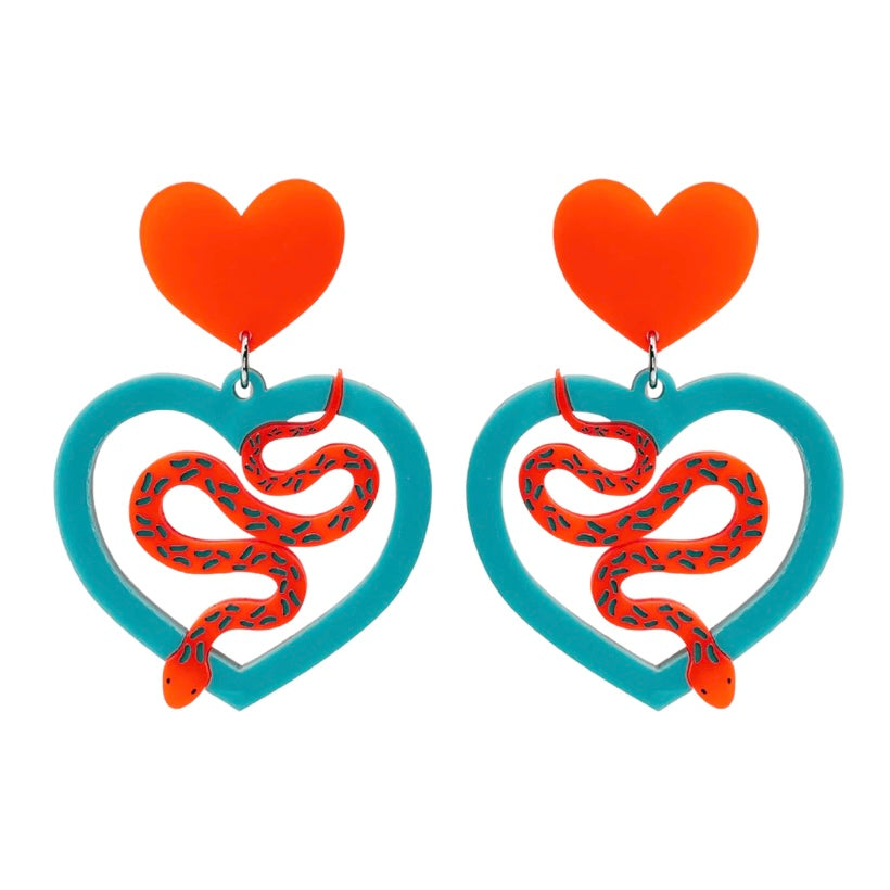 Haus of Dizzy Snake Eyes Heart Earrings - Neon Red and Turquoise