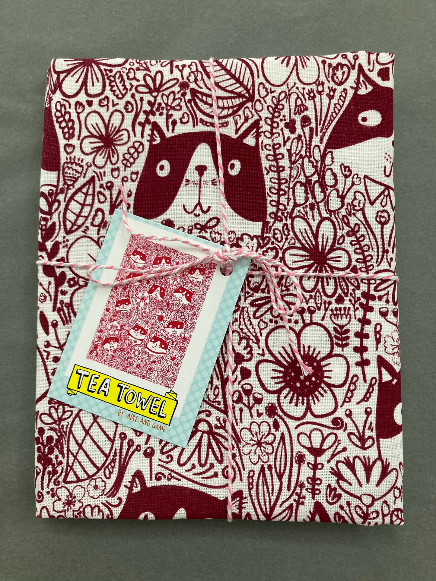 Able and Game Tea Towel Cat Flower Red