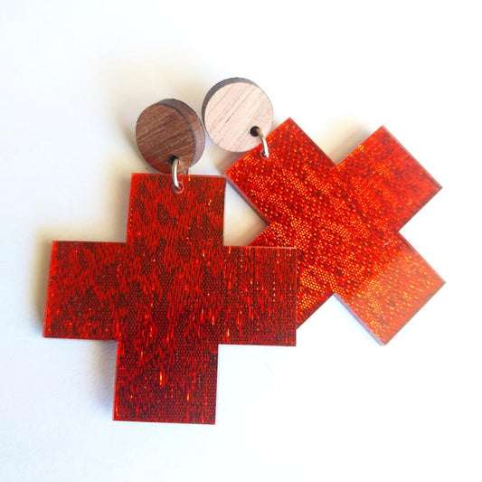 Under The Shade of a Bonsai Tree Earrings Red Fabric Cross