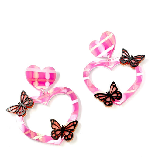 Haus of Dizzy Butterfly Plaid Heart Earrings - Pink and Dark Pink