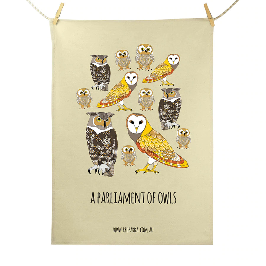 Red Parka Tea Towel Parliament of Owls